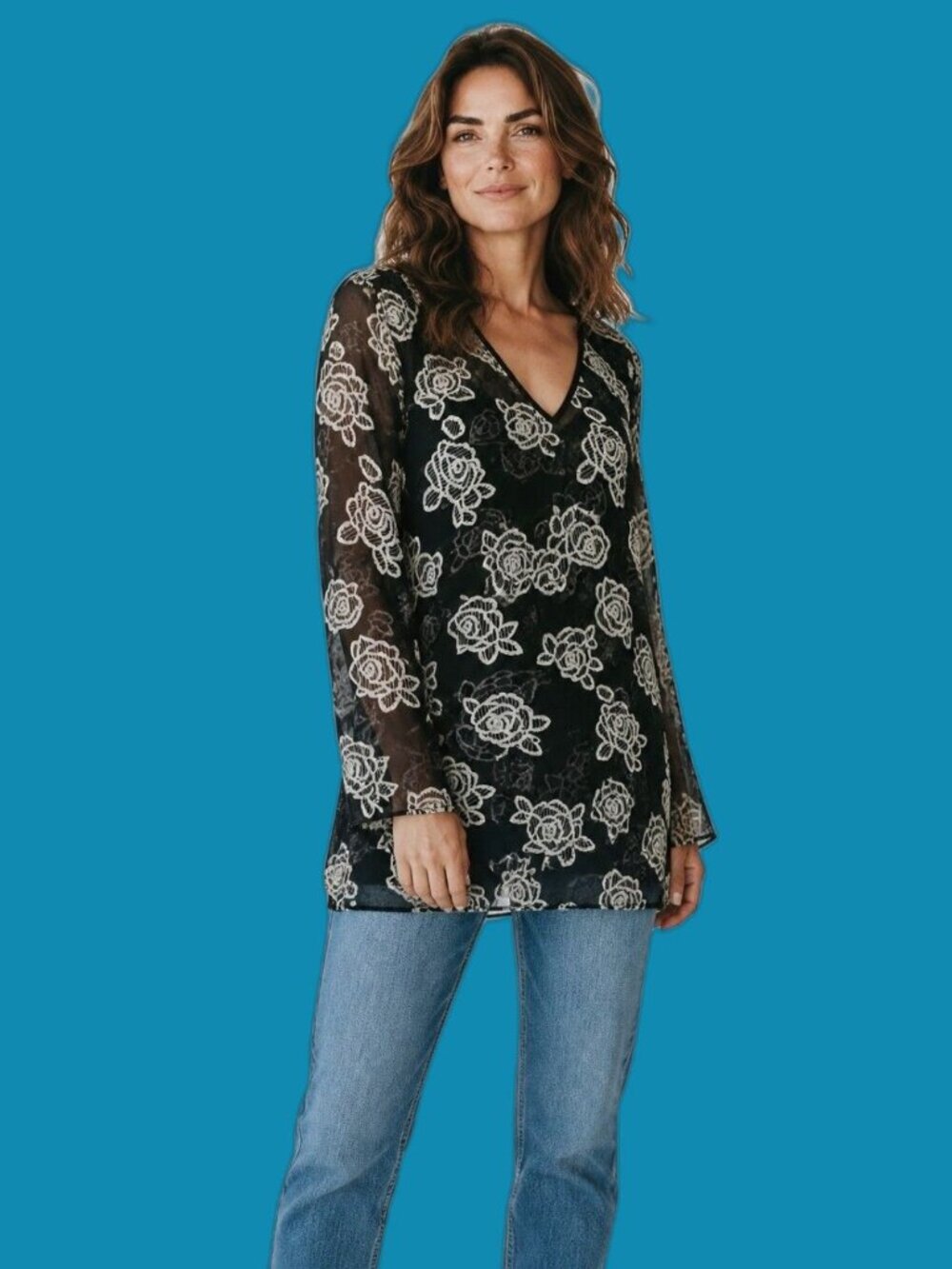 Honey Punch Black Dress With Floral Embroidery Overlay Deep V-neckline Sheer LRG